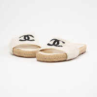 Chanel Tweed Grosgrain CC Mule Slides in Ivory and Black 38