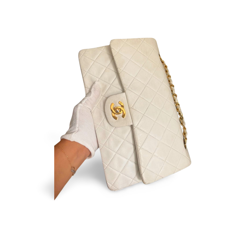 Chanel White Vintage Medium Classic Flap Bag in Lambskin Leather with 24K Gold Hardware Chanel Bag MILOURA