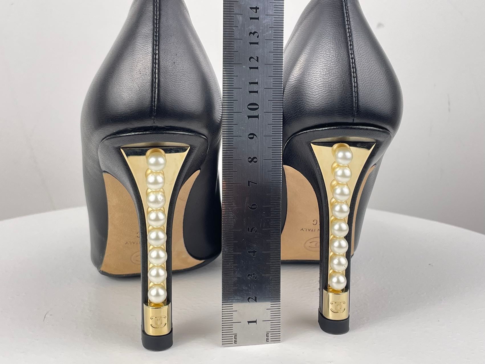Used Chanel Leather Black Pumps with Pearls Heels CC Logo 35