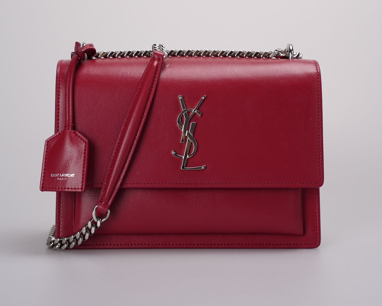 used-saint Laurent Calfskin Medium Monogram Sunset shoulder bag in Rouge-MILOURA