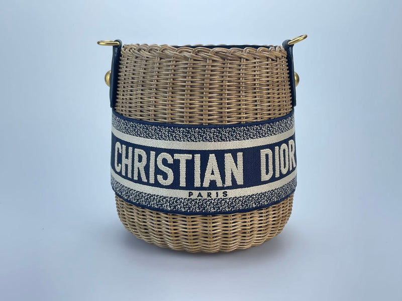 Dior Dioriviera Bucket Bag in Wicker and Blue Canvas With Gold Hardware Luxury Designer Bag MILOURA