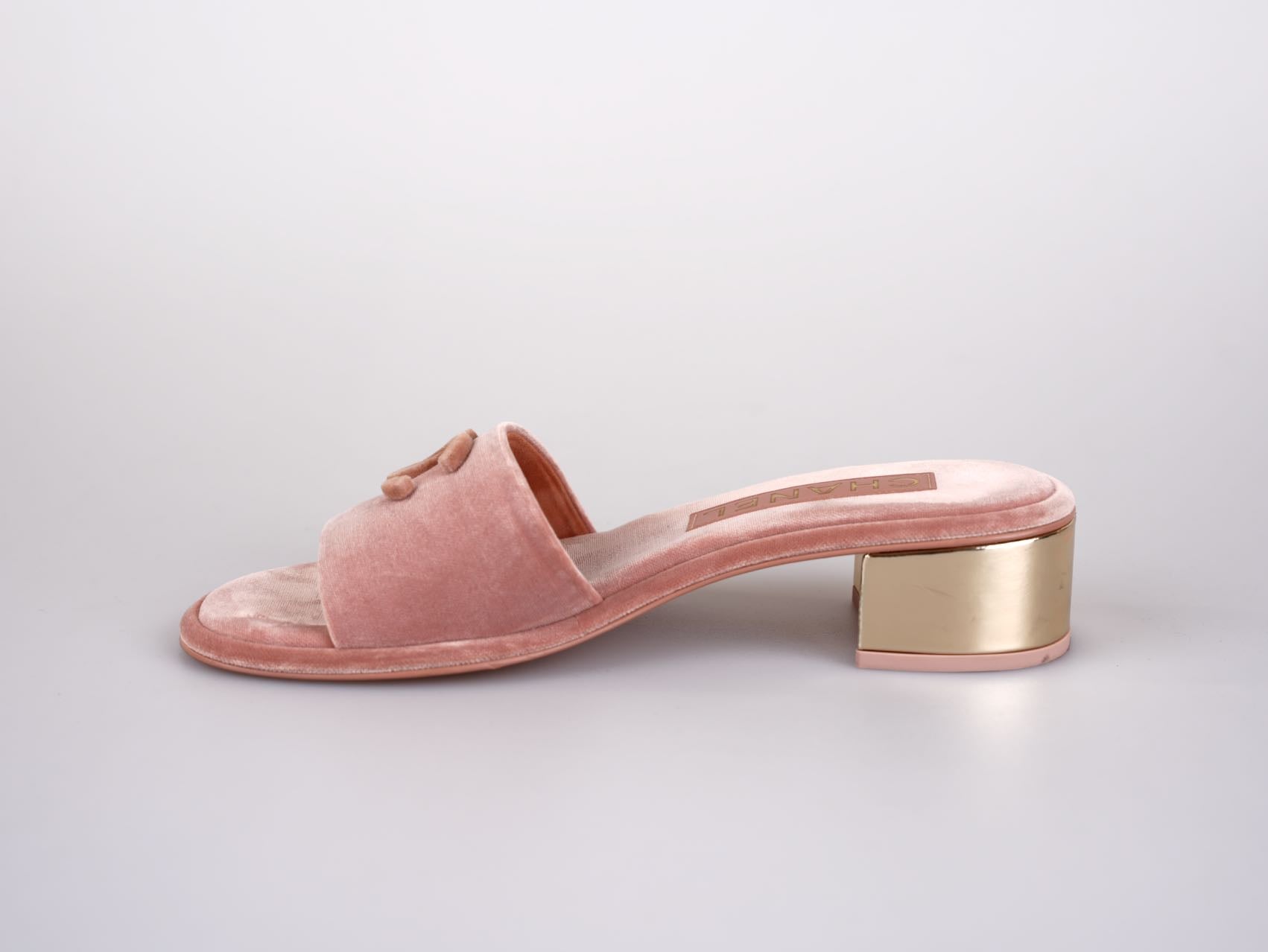 Used Chanel Gold Heels Pink Mules Size 38C | MILOURA