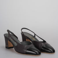 Chanel black burgundy leather slingback pumps with CC logo 35