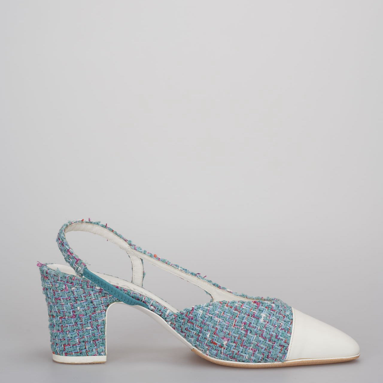 Used Chanel tweed slingback Tiffany blue pumps 38 MILOURA
