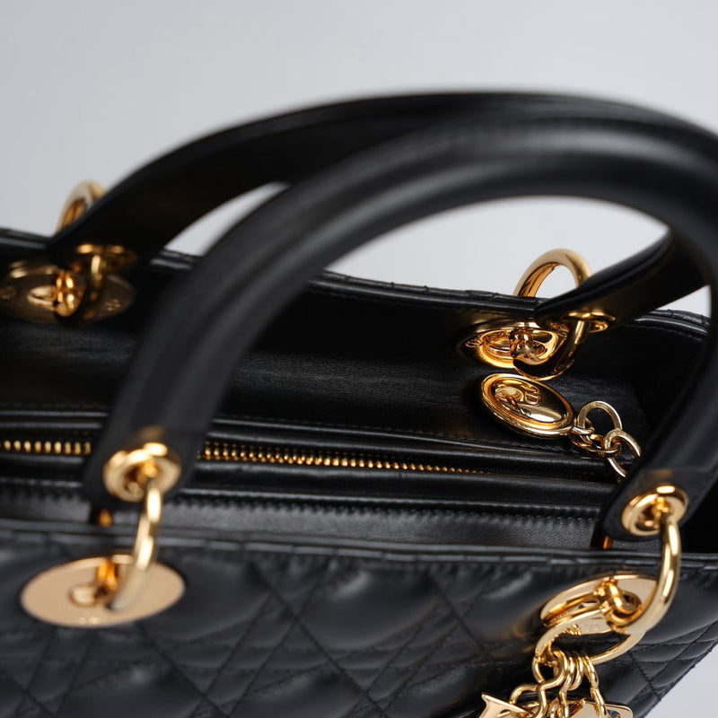 Christian Dior Black Medium Lady Dior Bag in Cannage Lambskin Leather with Gold Hardware Luxury Designer Bag MILOURA