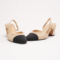 Chanel Beige Goatskin & Black Grosgrain Slingback Pumps Size 36.5