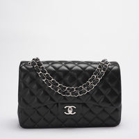 Chanel Classis Flap Bag Lambskin Black Bag Jumbo in Silver Hardware front