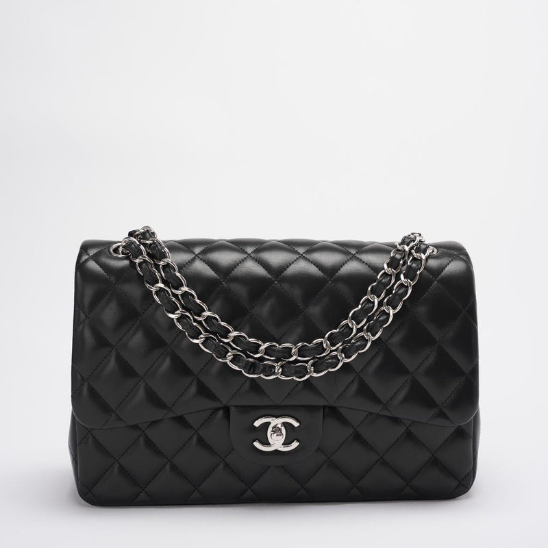 Chanel Classis Flap Bag Lambskin Black Bag Jumbo in Silver Hardware front
