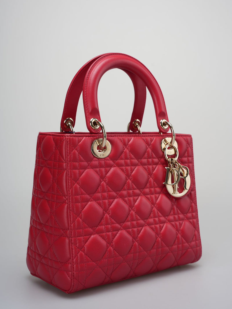 Used Christian Dior Red Medium Lady Dior Bag in Cannage Lambskin