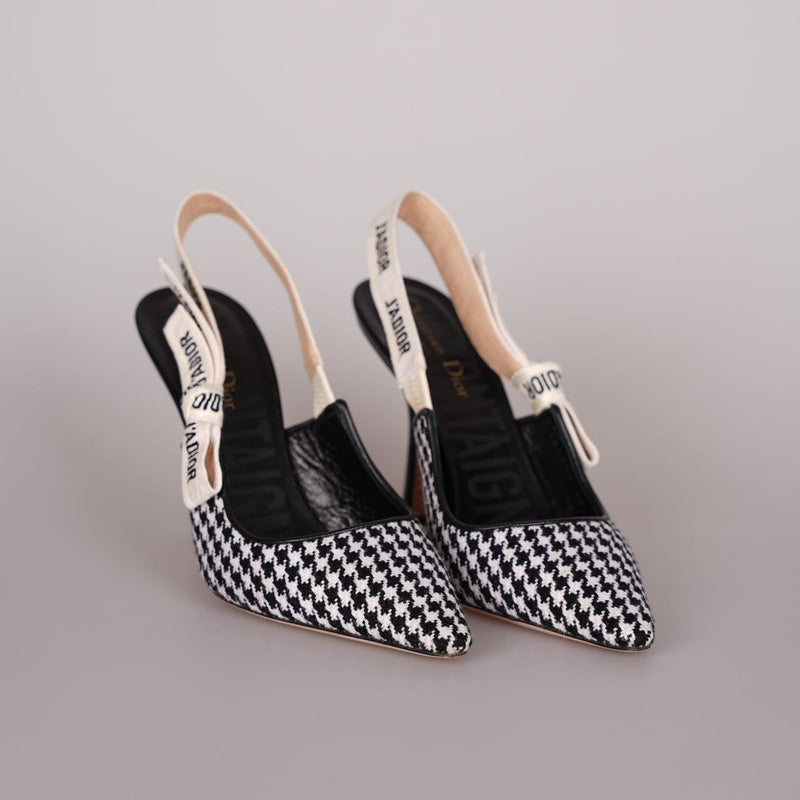 Christian Dior Wool Ribbon Houndstooth J'Adior Slingback 8cm Pumps 38D Black White Luxury Brand Shoes MILOURA