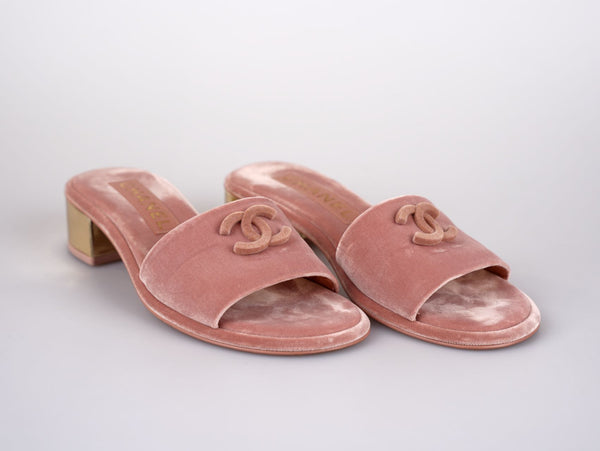Used Chanel Gold Heels Pink Mules Size 38C | MILOURA