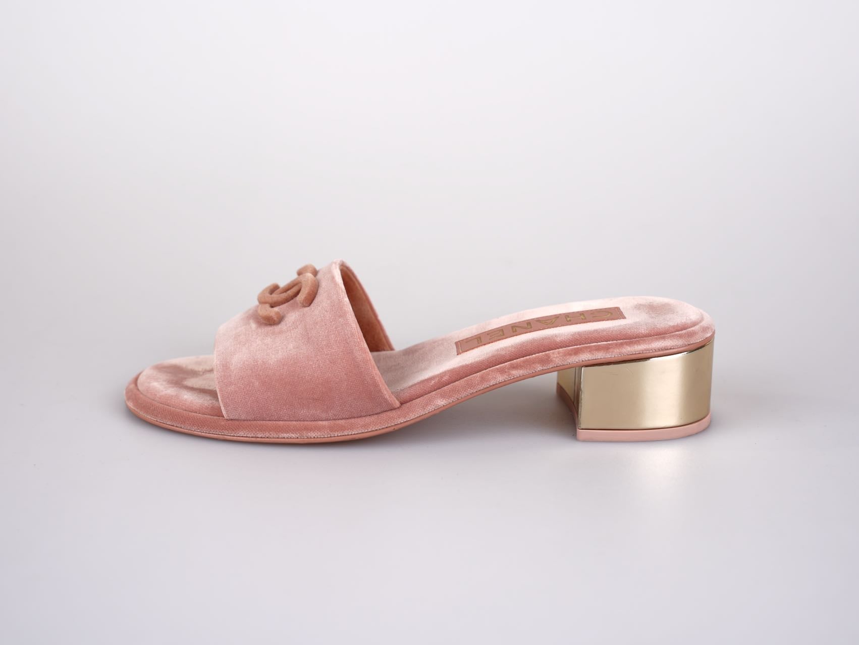 Used Chanel Gold Heels Pink Mules Size 38C | MILOURA