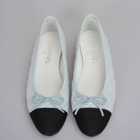 Chanel Denim Embroidered Grosgrain CC Cap Toe Ballerina Flats Light Blue and Black Size 38.5