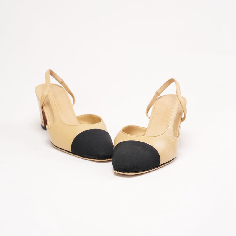 chanel beige black Slingback Pumps Size 36.5