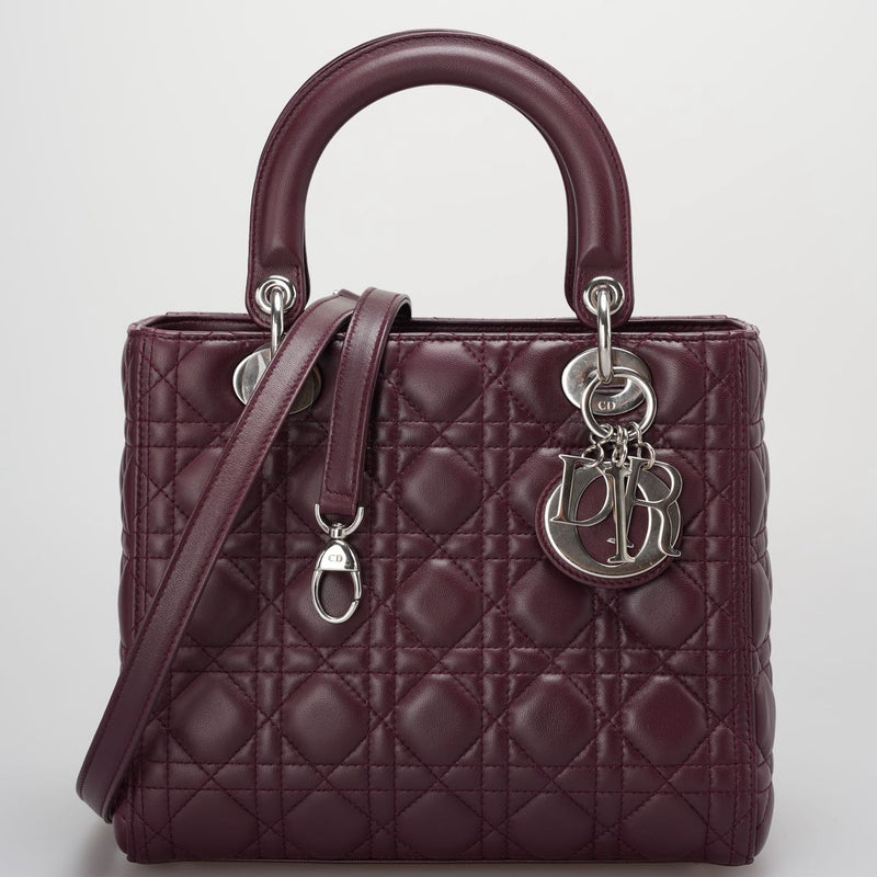 Christian Dior Burgundy Lady Dior Bag in Cannage Lambskin Leather with Silver Hardware Medium LP