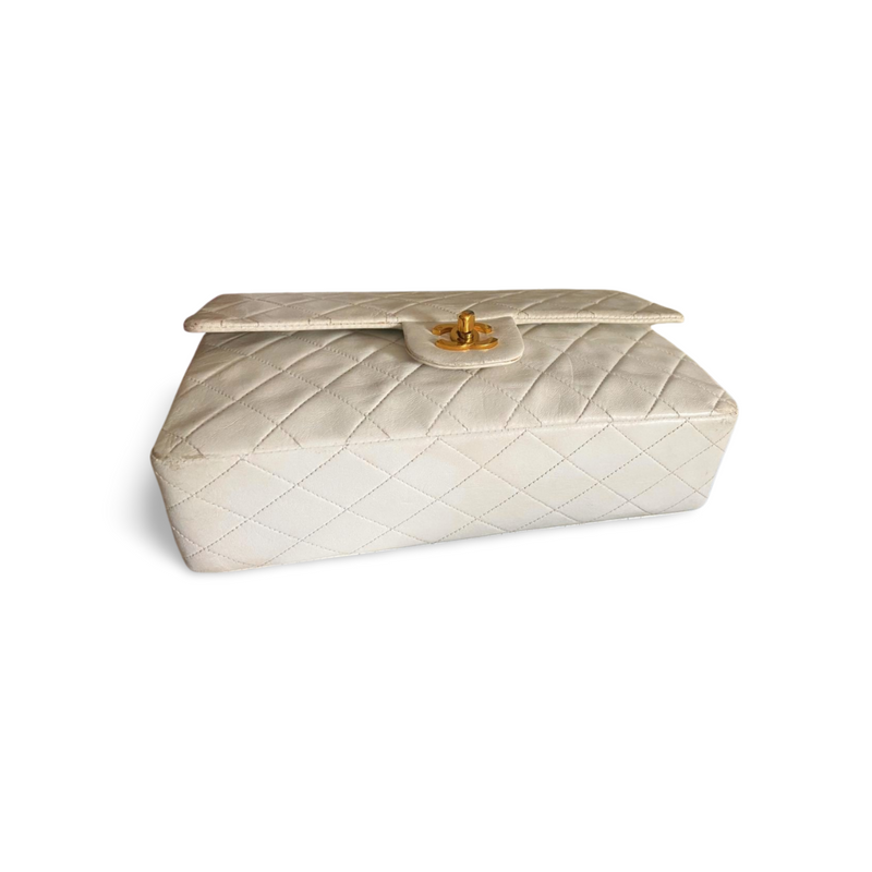 Chanel White Vintage Medium Classic Flap Bag in Lambskin Leather with 24K Gold Hardware Chanel Bag MILOURA