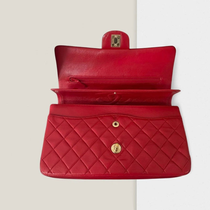 Chanel Red Vintage Medium Classic Double Flap Bag in Lambskin Leather with 24K Gold Hardware Chanel Bag MILOURA