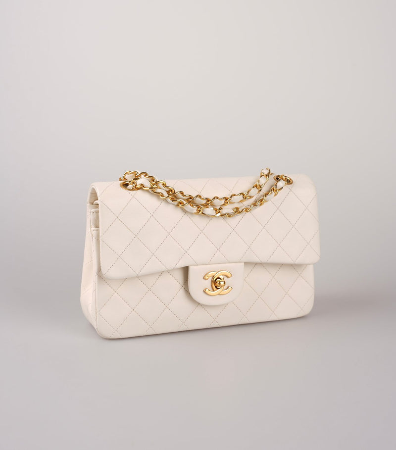 Chanel Small Vintage White Classic Double Flap Bag in Lambskin with gold hardware Chanel Bag MILOURA