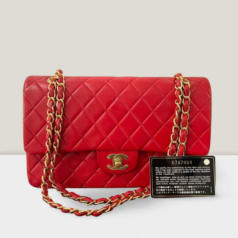 Chanel Red Vintage Medium Classic Double Flap Bag in Lambskin Leather with 24K Gold Hardware Chanel Bag MILOURA