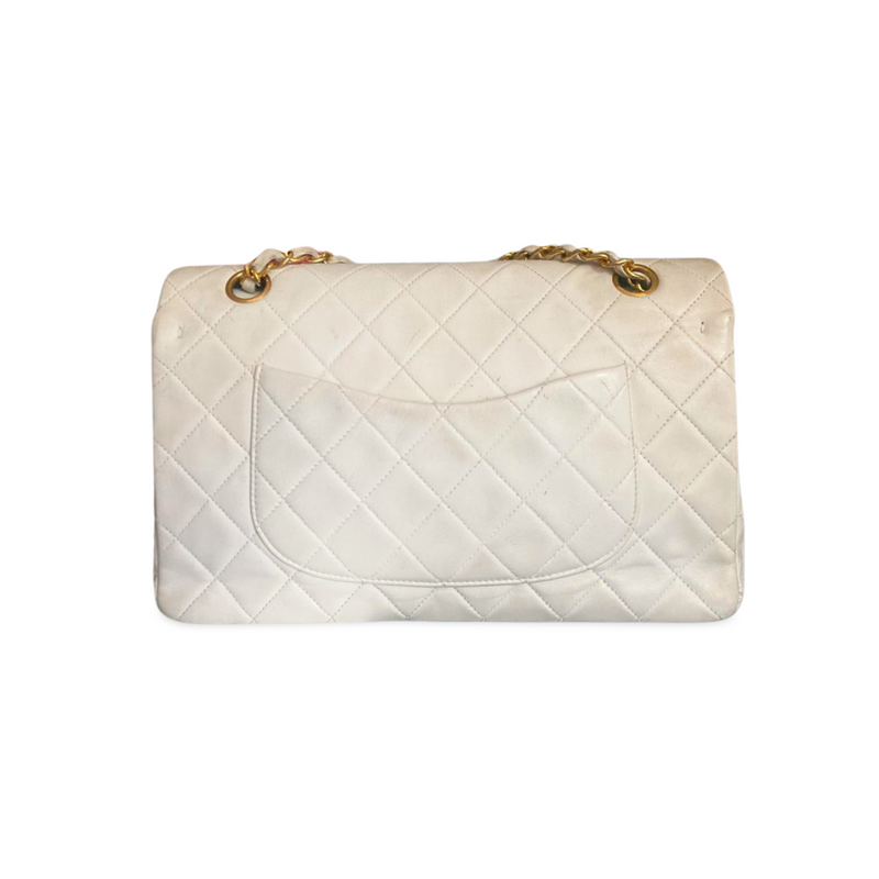 Chanel White Vintage Medium Classic Flap Bag in Lambskin Leather with 24K Gold Hardware Chanel Bag MILOURA