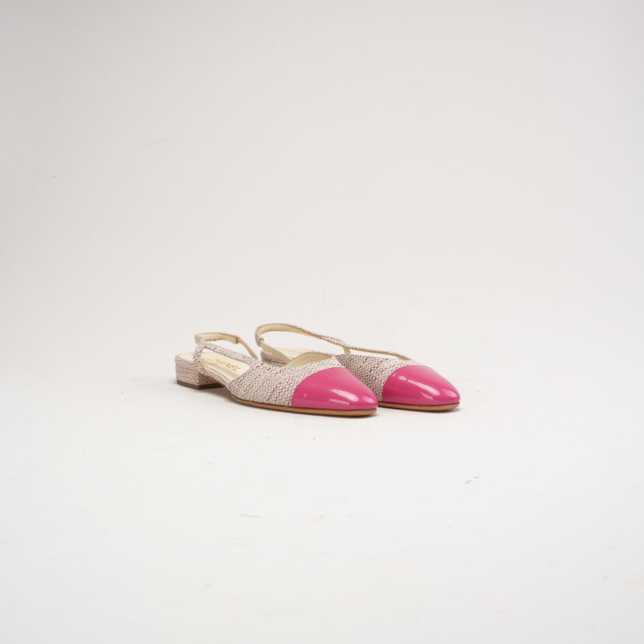 Second Hand Chanel CC Logo Tweed Slingback Flats Pink 38C