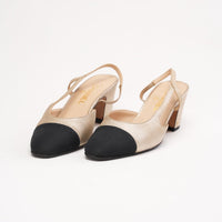 Chanel Laminated Grosgrain Cap Toe CC Slingback Pumps Size Metallic Gold and Black 37.5