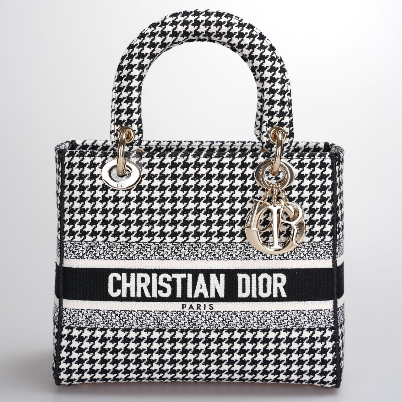 Used Christian Dior Black White Houndstooth Canvas Medium Lady D