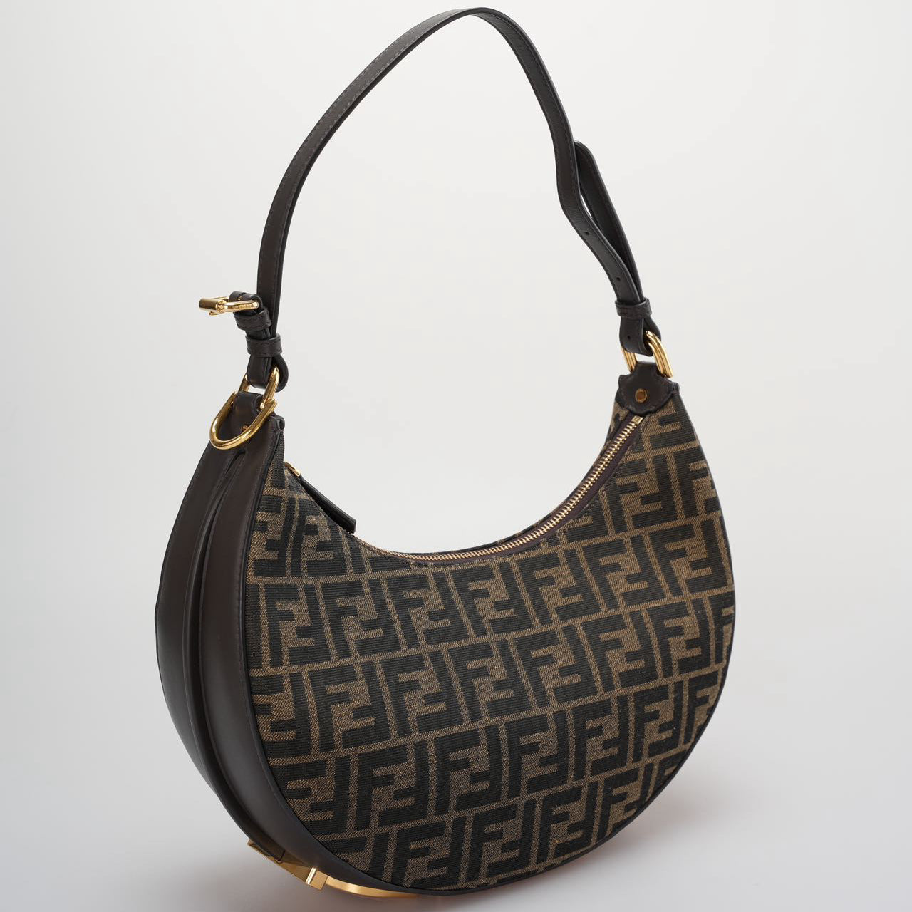 Used Fendi graphy Small Brown FF Jacquard Fabric Bag MILOURA