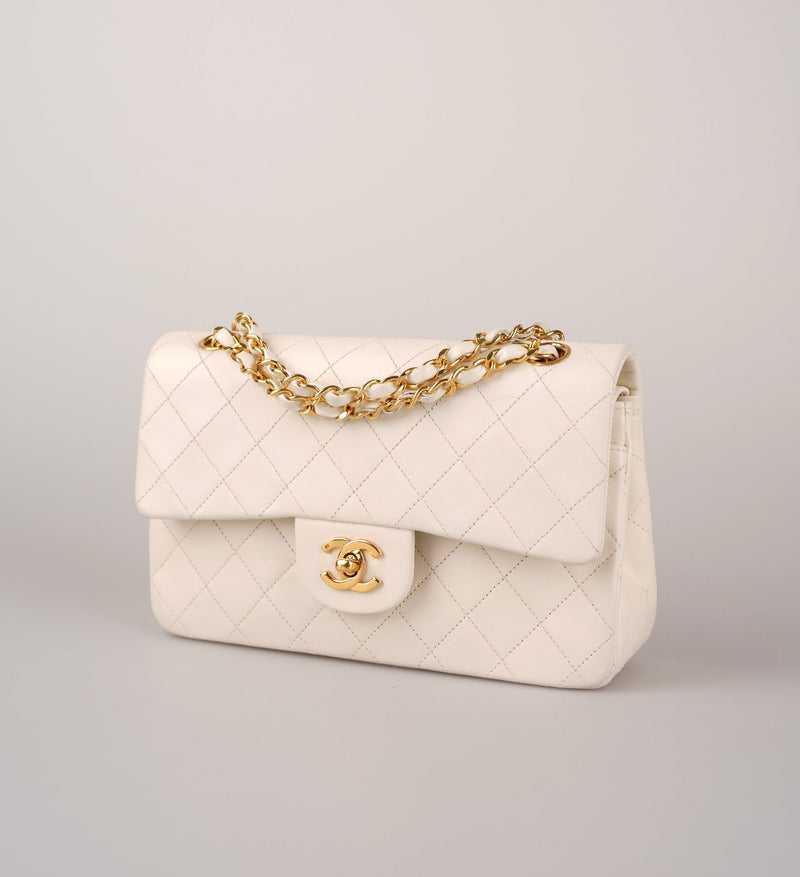 Chanel Small Vintage White Classic Double Flap Bag in Lambskin with gold hardware Chanel Bag MILOURA