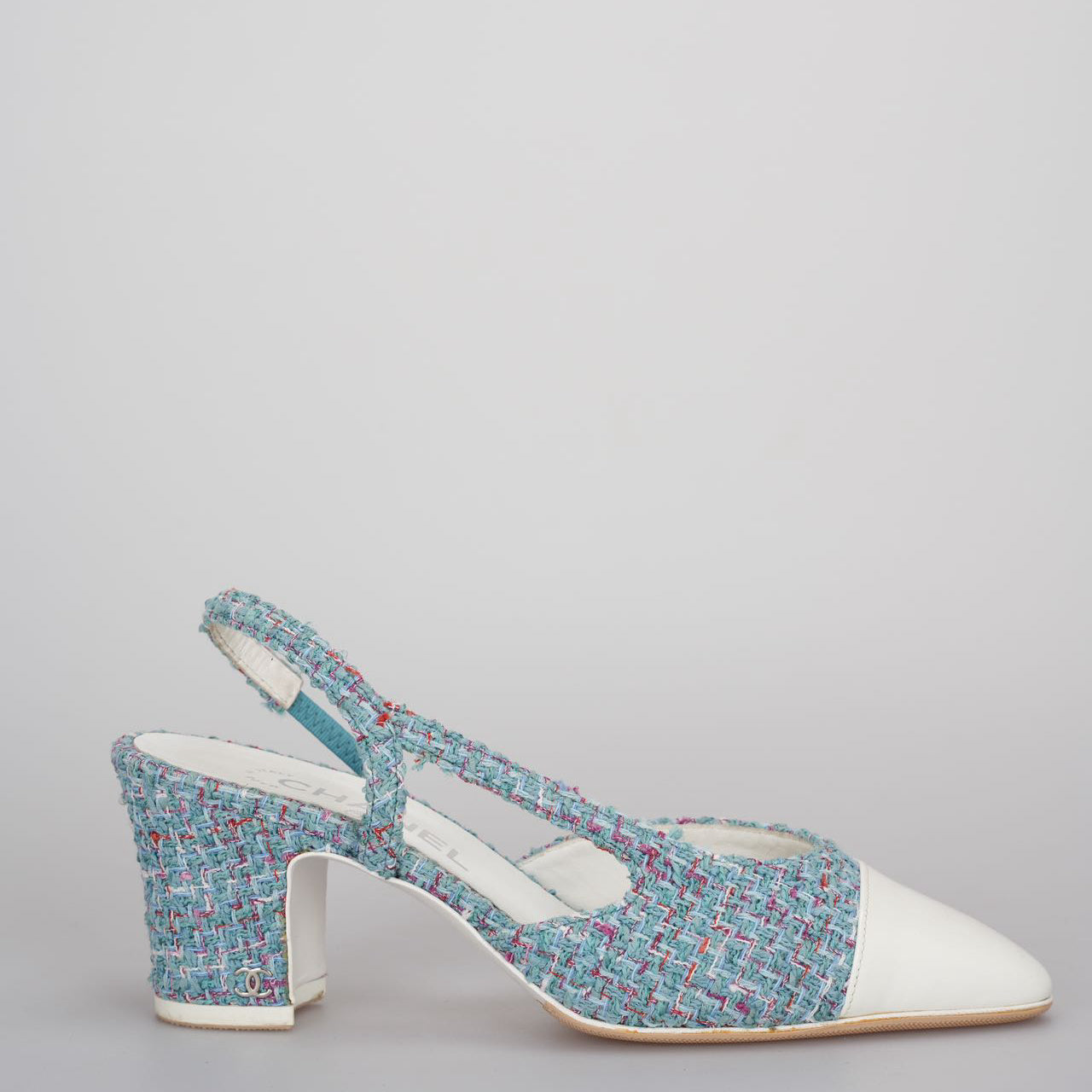 Used Chanel tweed slingback Tiffany blue pumps 38 MILOURA
