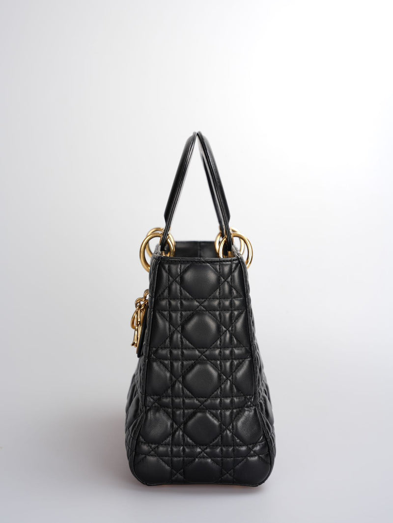 Christian Dior Black Medium Lady Dior Bag in Cannage Lambskin Leather with Gold Hardware Luxury Designer Bag MILOURA