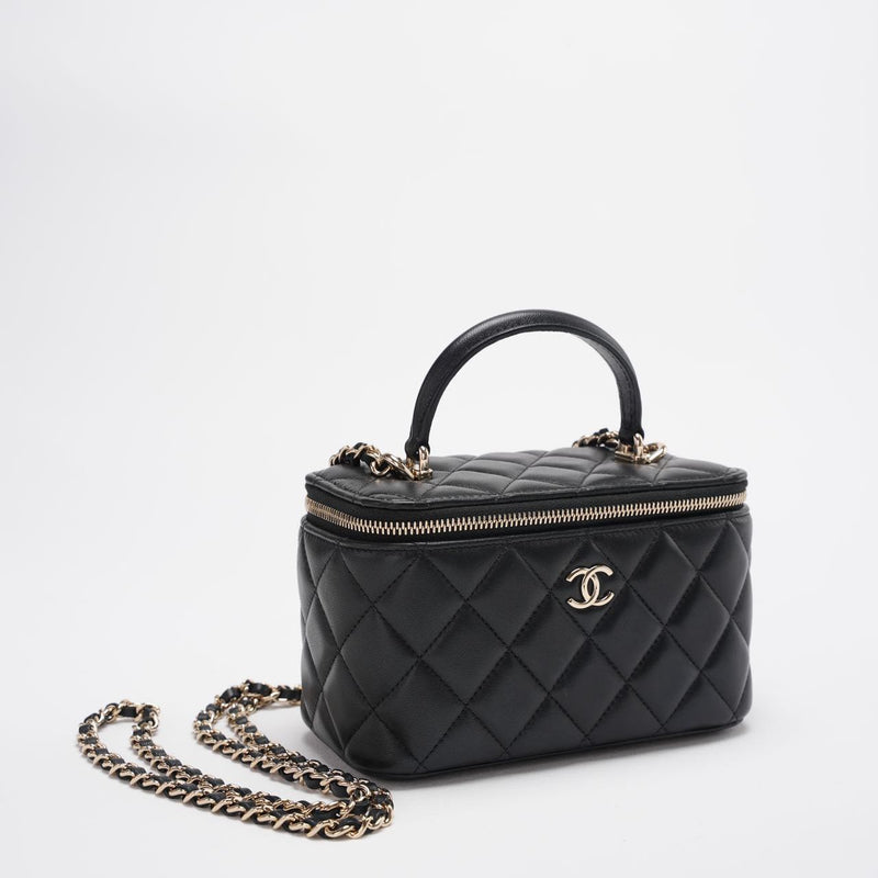 Chanel Vanity Case Bag Black Quilted Lambskin Bag with Gold Hardware Side Miloura