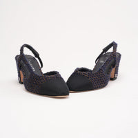 Chanel Navy Blue Tweed and Fabric CC Cap Toe Block Heel Slingback Size 36.5
