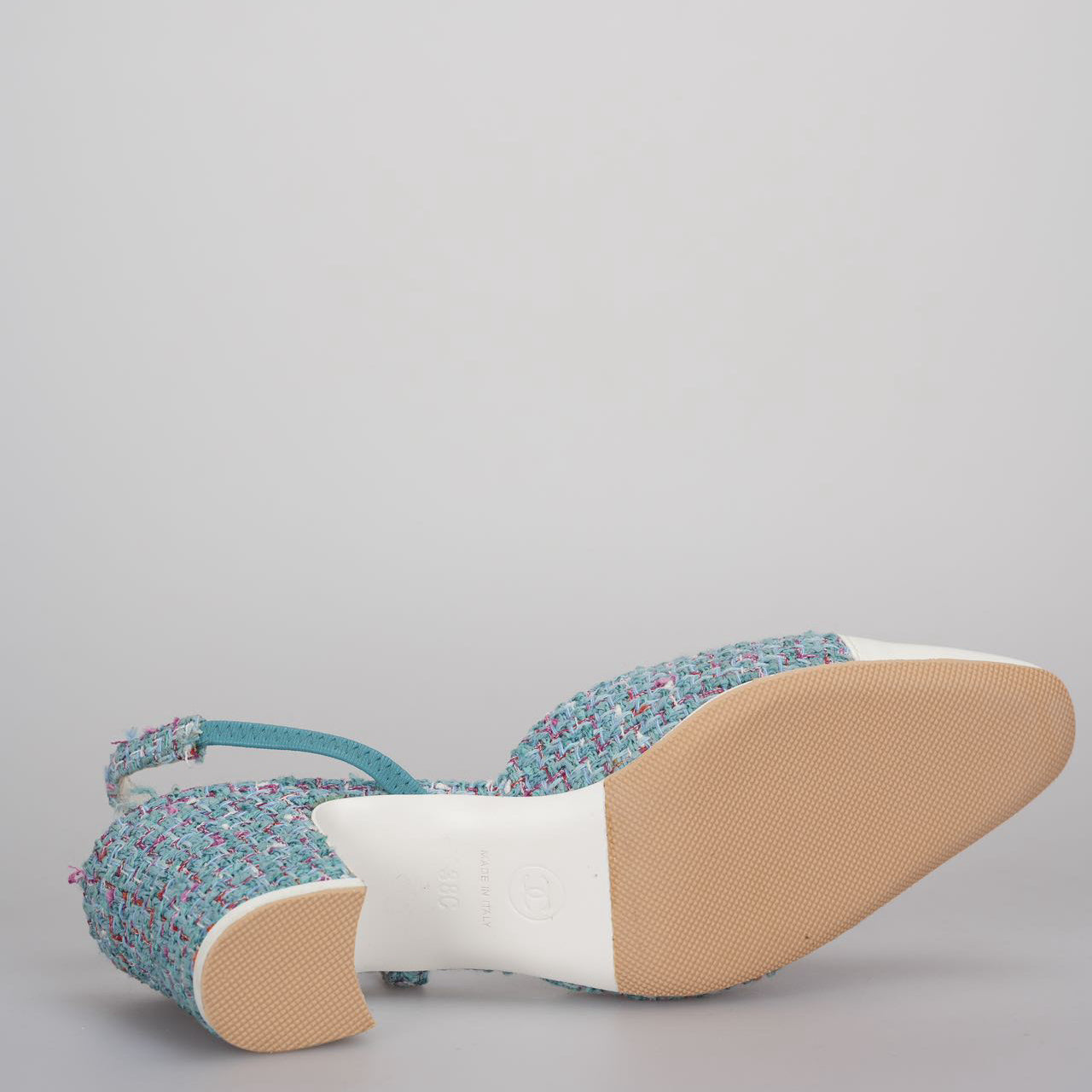 Used Chanel tweed slingback Tiffany blue pumps 38 MILOURA