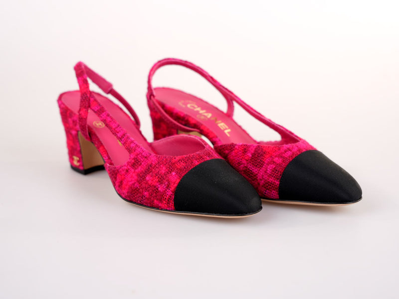 Chanel Pink/Black Tweed and Canvas CC Slingback Pumps Size