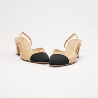 Chanel Beige /Black Lambskin Cap Toe CC Slingback Pumps Size 38