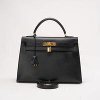 Hermès Vintage Kelly Sellier 32 Box Leather Black W Circle 1993