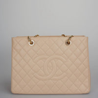 used-Chanel Beige Grand Shopping Tote GST Bag in Caviar Leather with gold Hardware-MILOURA