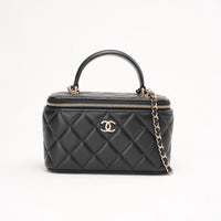Chanel Black Quilted Lambskin Classic Long Vanity Case with Top Handle