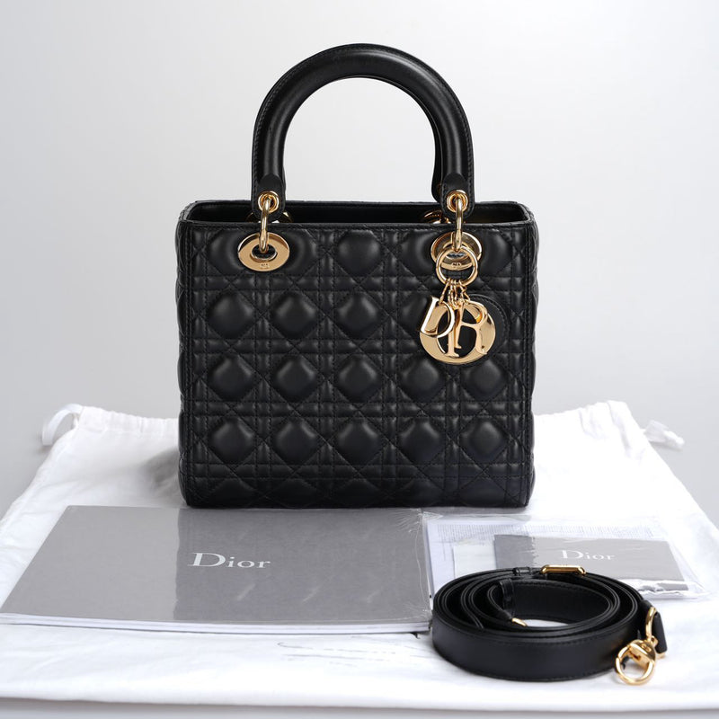 Christian Dior Black Medium Lady Dior Bag in Cannage Lambskin Leather with Gold Hardware Luxury Designer Bag MILOURA