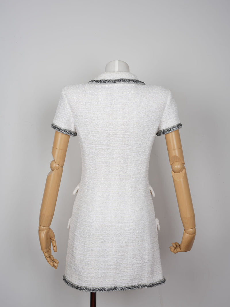 chanel tweed dress white Chanel White CC Lesage Tweed Mini Dress 34 – Preloved Luxury – MILOURA