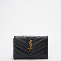 Saint Laurent Small Monogram Wallet Black Leather with Gold YSL Logo