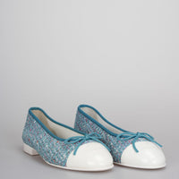 Chanel Blue / White Tweed Calfskin Cap Toe Ballerina Flats Size 37