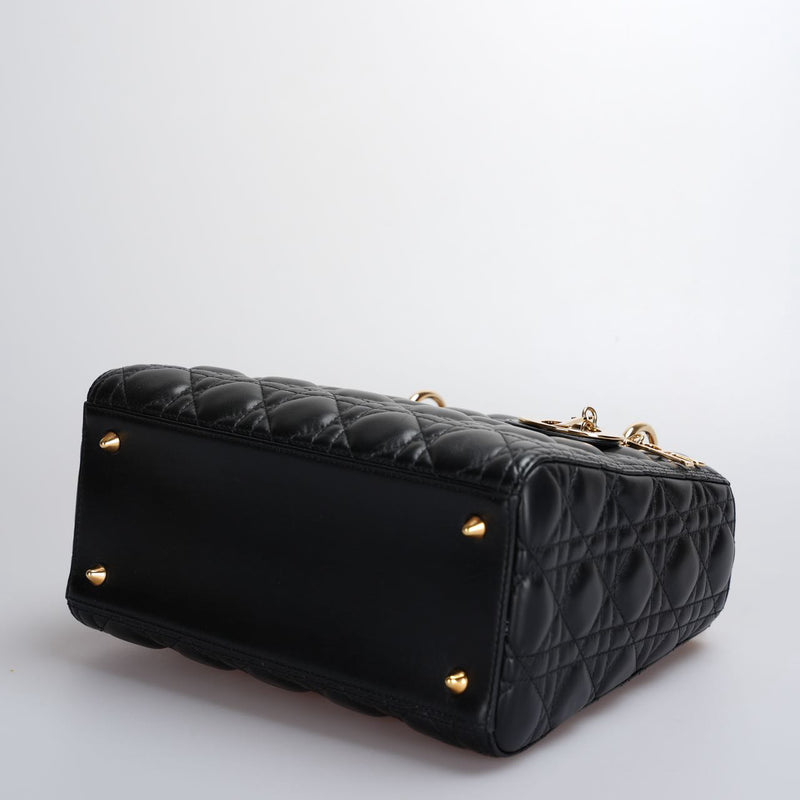 Christian Dior Black Medium Lady Dior Bag in Cannage Lambskin Leather with Gold Hardware Luxury Designer Bag MILOURA