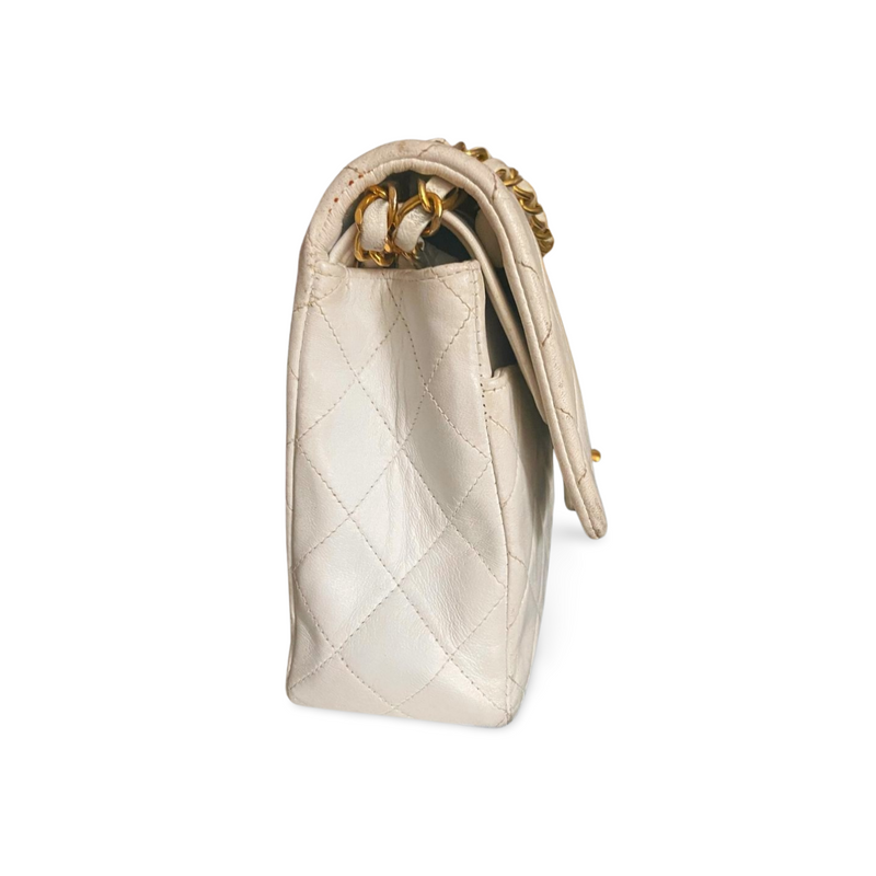 Chanel White Vintage Medium Classic Flap Bag in Lambskin Leather with 24K Gold Hardware Chanel Bag MILOURA