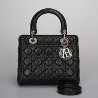 Christian Dior Black Medium Lady Dior Bag in Cannage Lambskin Leather with Silver Hardware