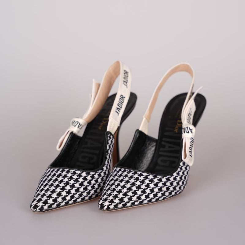 Christian Dior Wool Ribbon Houndstooth J'Adior Slingback 8cm Pumps 38D Black White Luxury Brand Shoes MILOURA