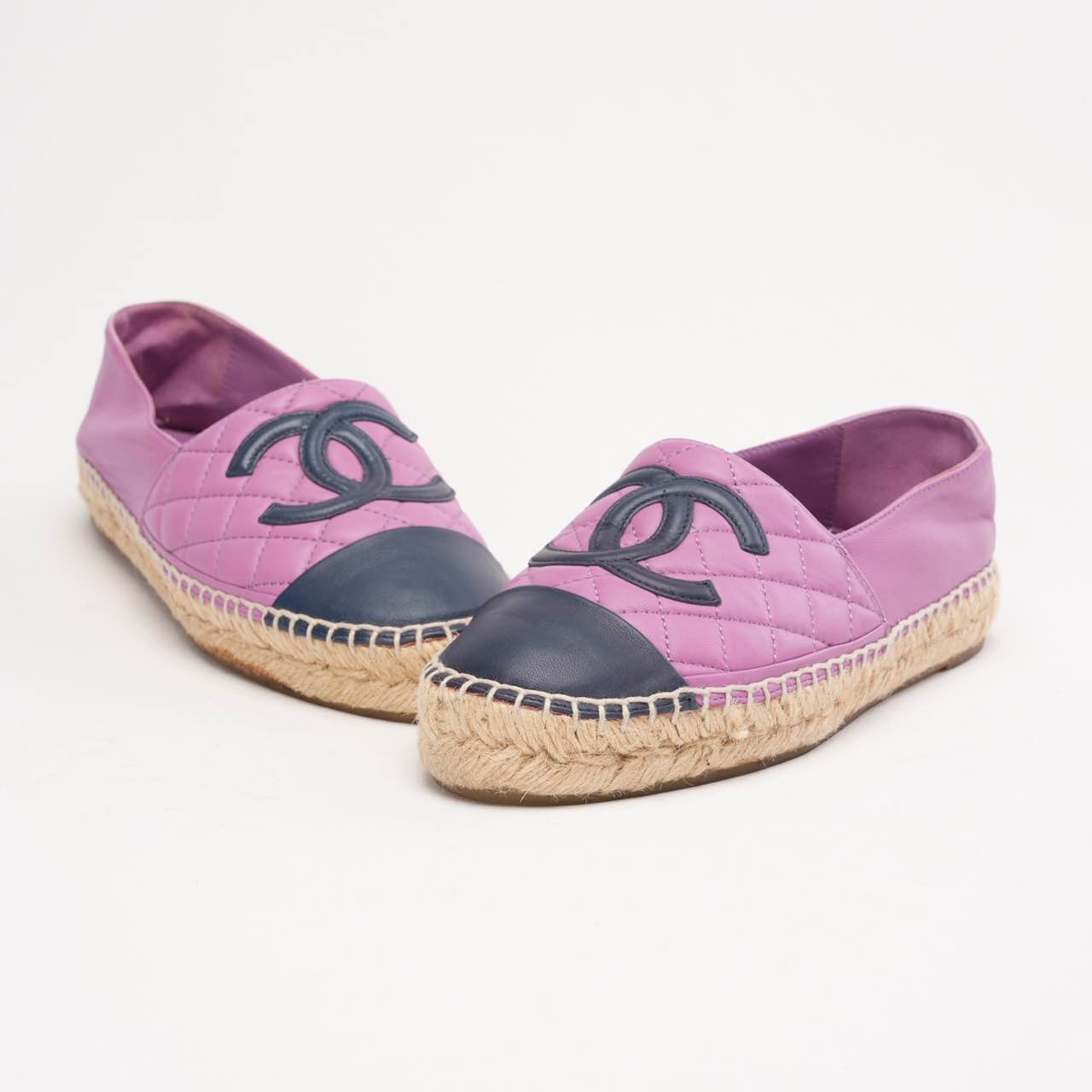Chanel Leather CC Cap Toe Espadrilles Flats Purple/ Navy Blue Size