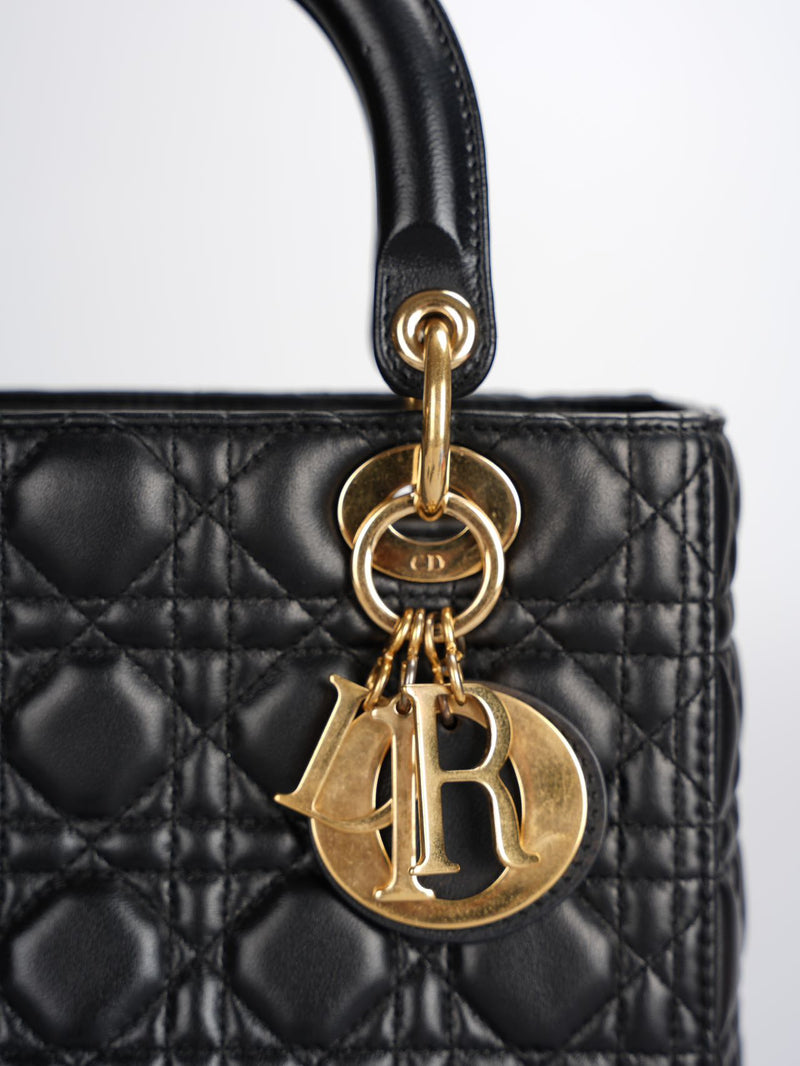 Christian Dior Black Medium Lady Dior Bag in Cannage Lambskin Leather with Gold Hardware Luxury Designer Bag MILOURA