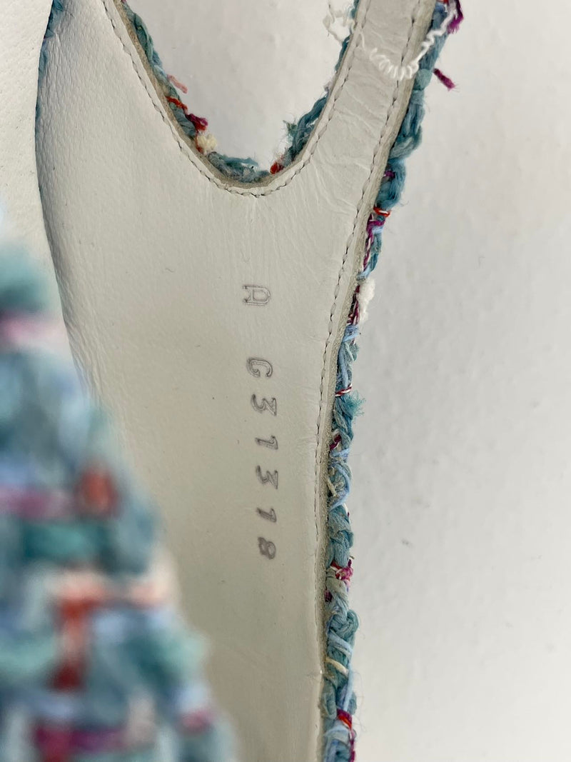 Used Chanel tweed slingback Tiffany blue pumps 38 MILOURA